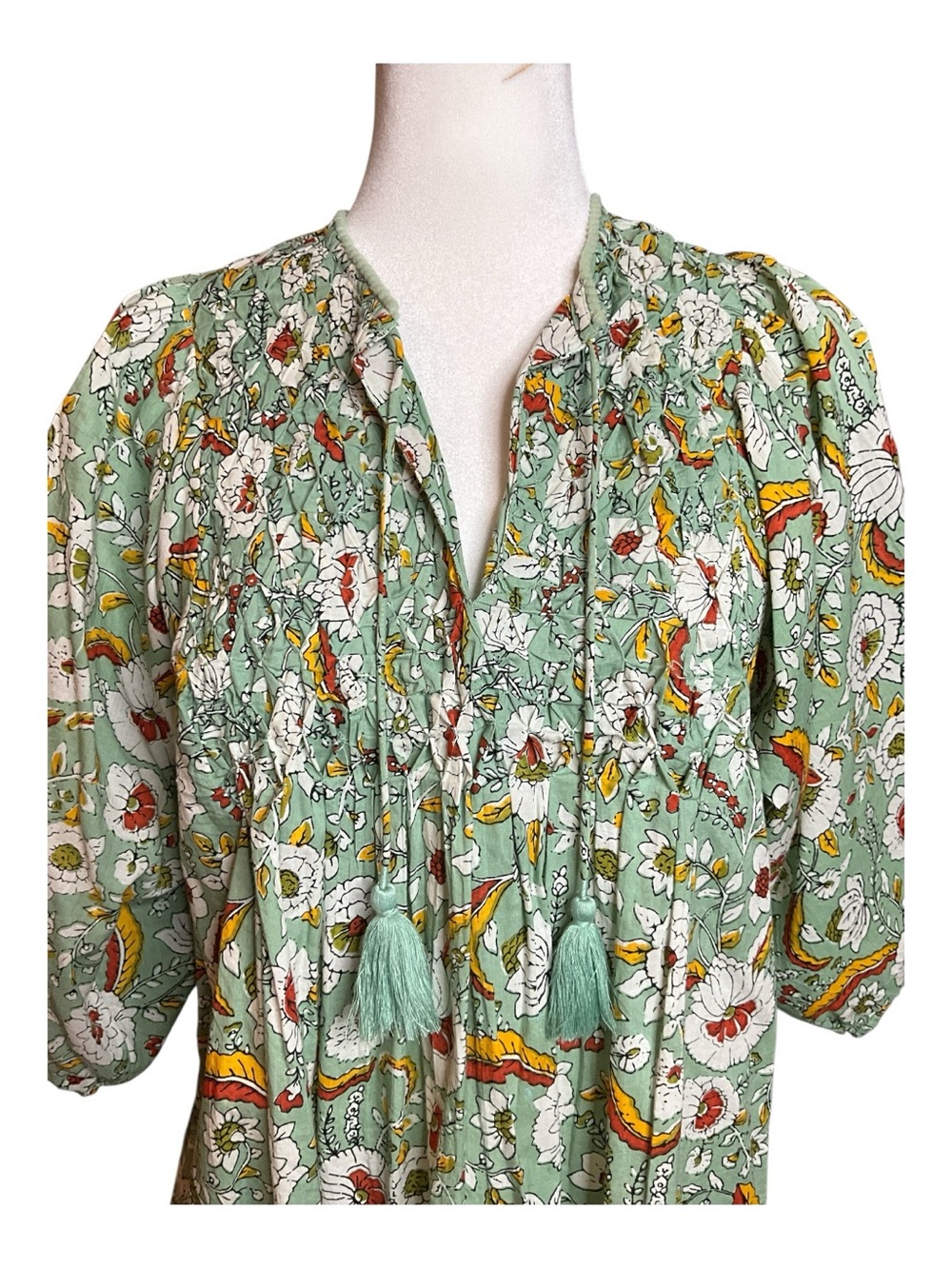 Printfresh Mint Green Floral Smocked Tunic with Tassel Ties, size L - Picture 2 of 7